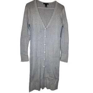Forever 21 Ribbed Knit V-Neck Button Front Long Cardigan Sweater Blue Gray Large